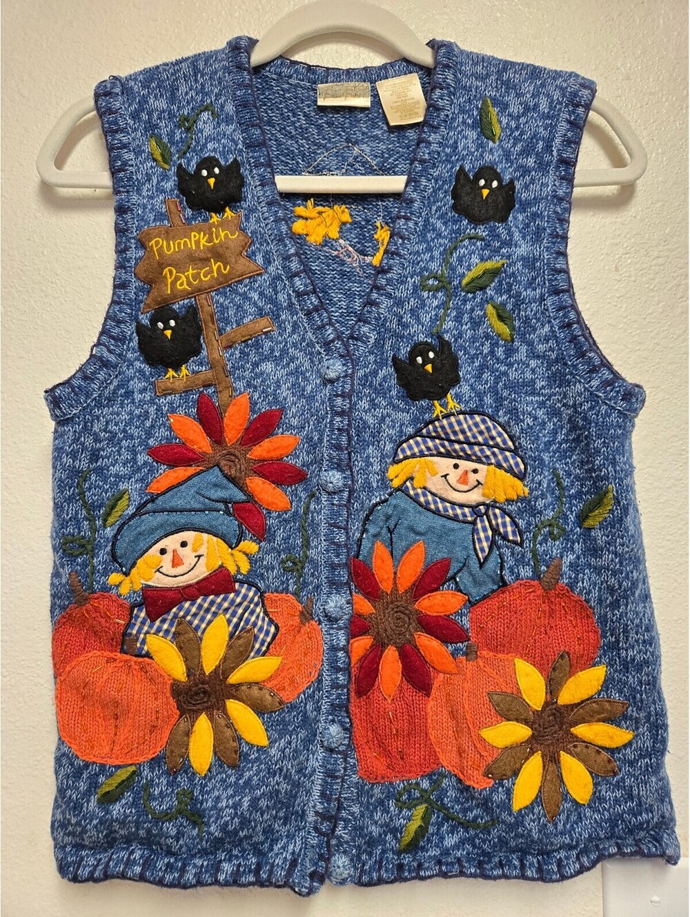 Vintage Bobbie Brooks 90âs Knit Vest Pumpkin Patch Leaves Scarecrow Beaded Sz M